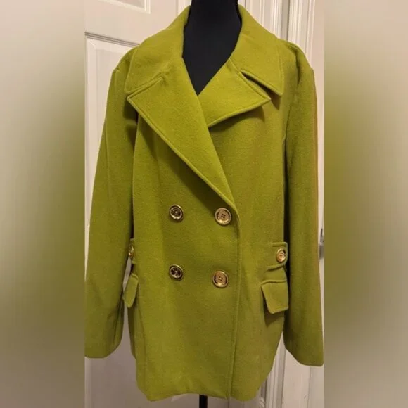 Women's Green Double-Breasted Coat - Picture 2 of 16